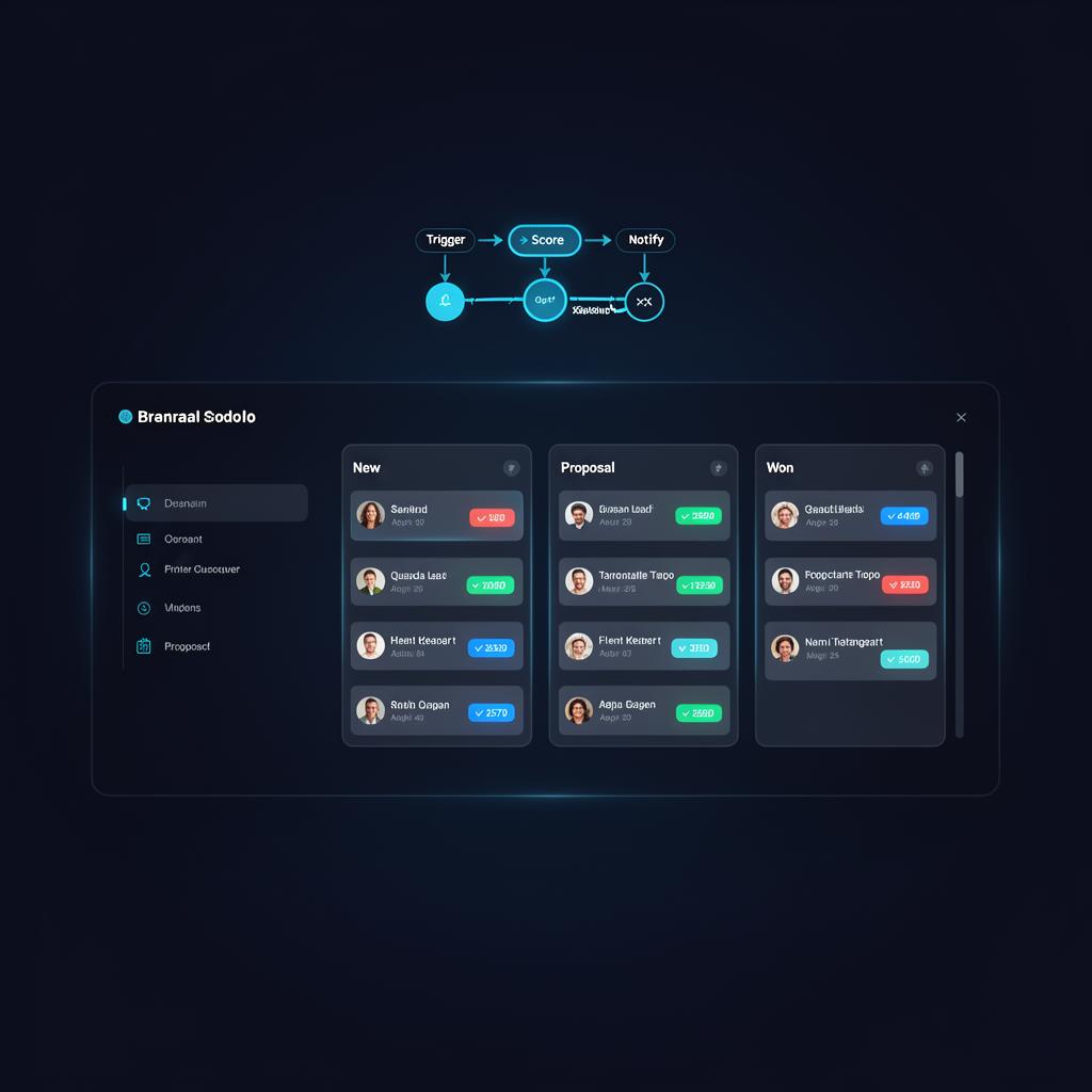 Automated lead management CRM kanban with workflow nodes