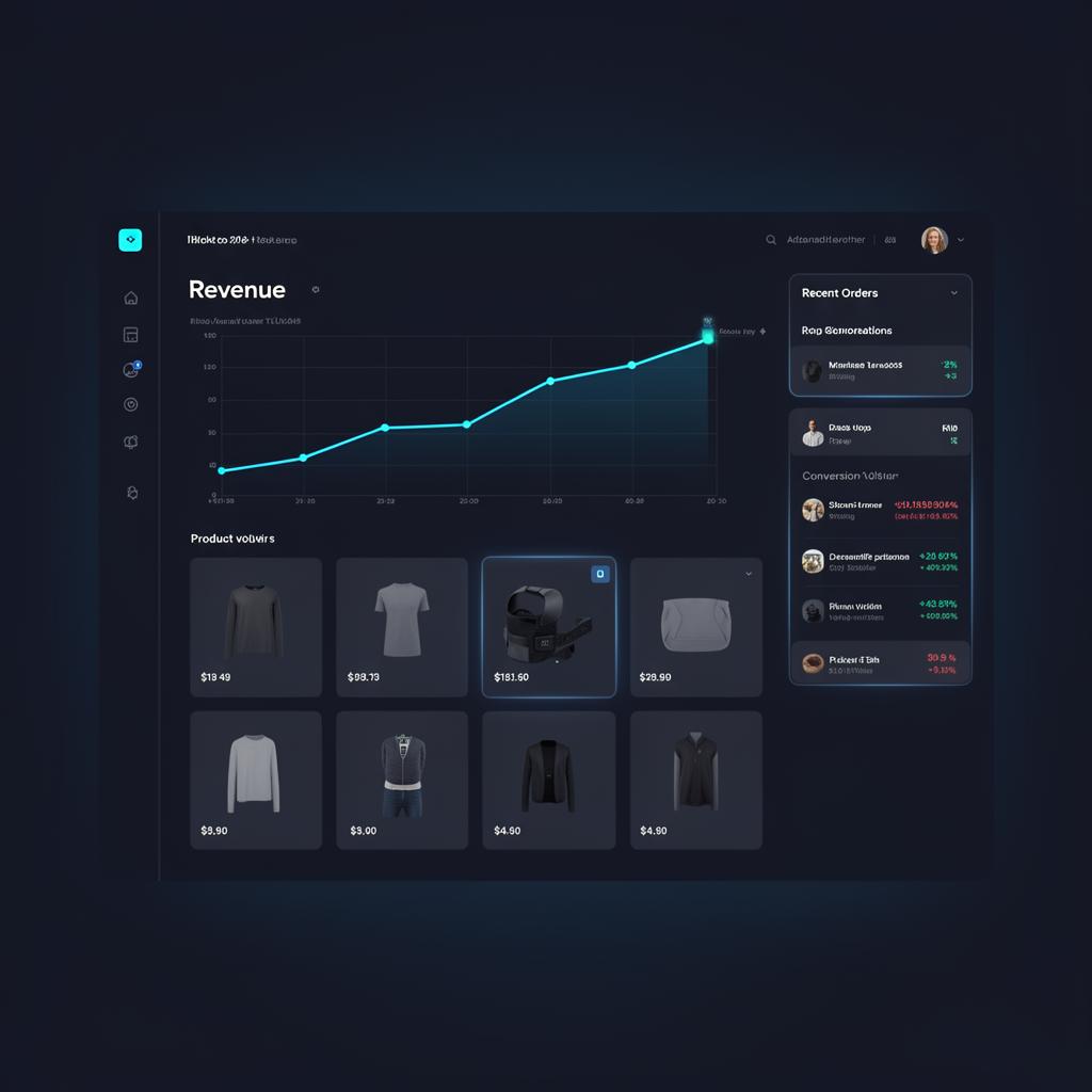 E-commerce admin dashboard with revenue chart and product grid