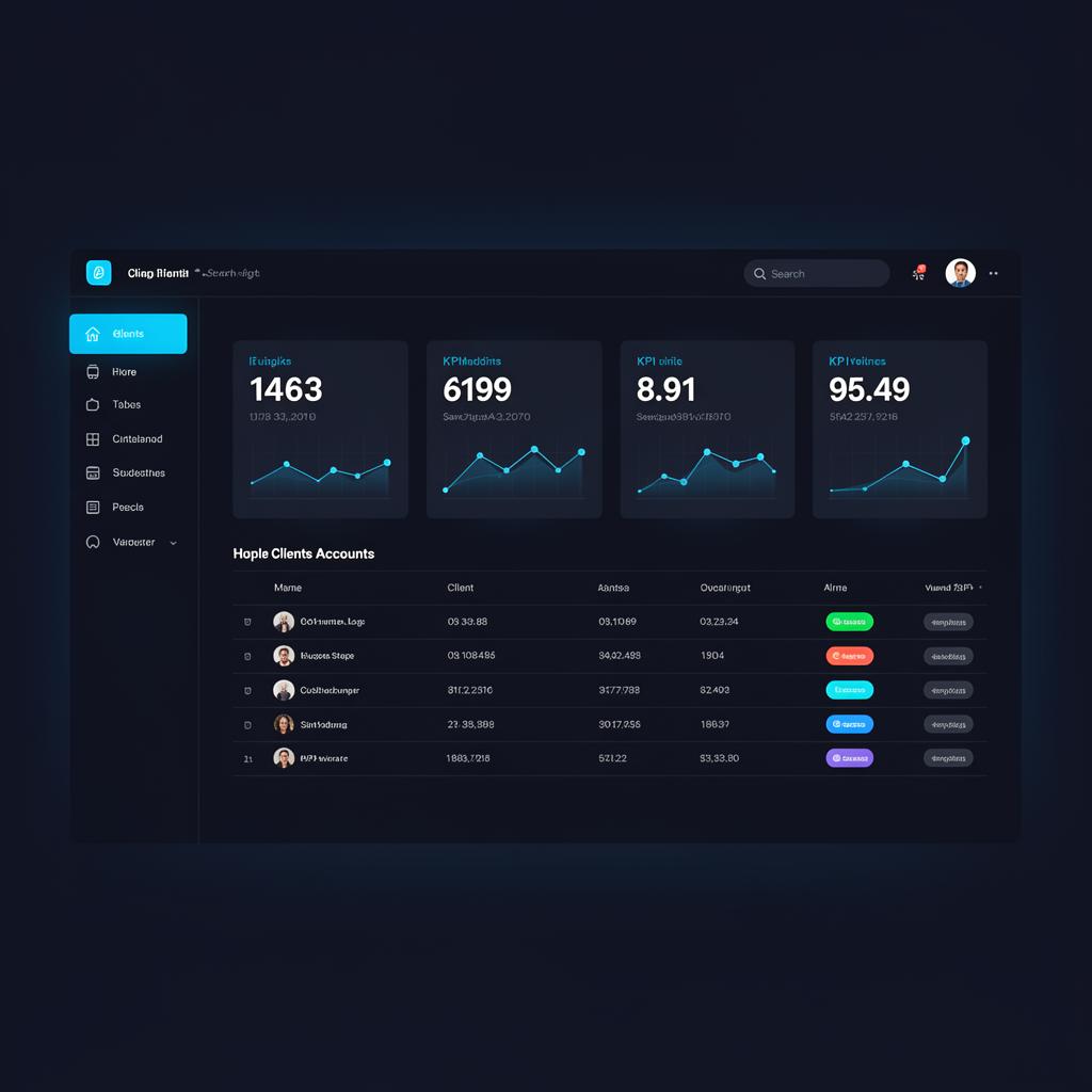 Enterprise client portal dashboard with KPI cards and accounts table