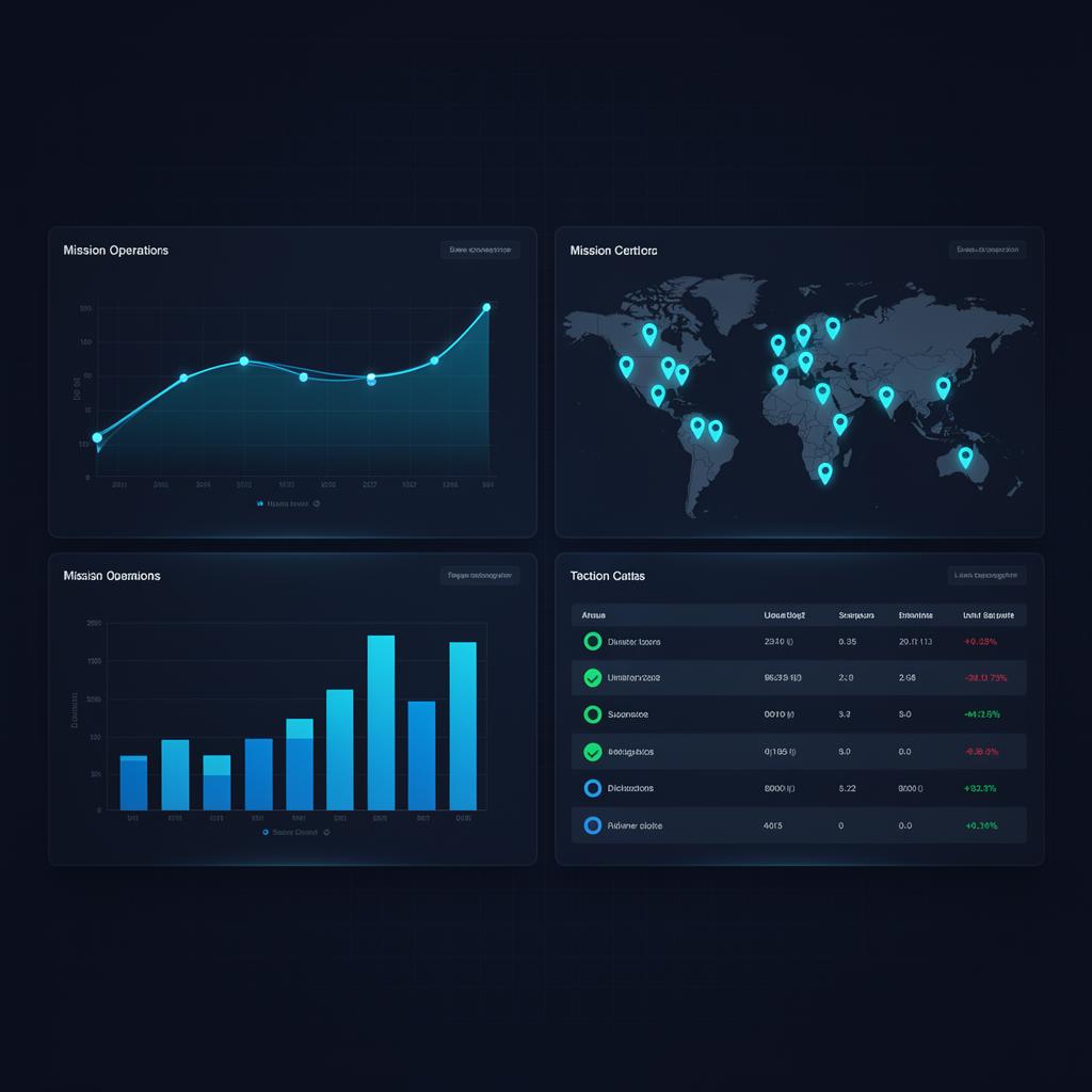 Operations dashboard with world map and live data panels